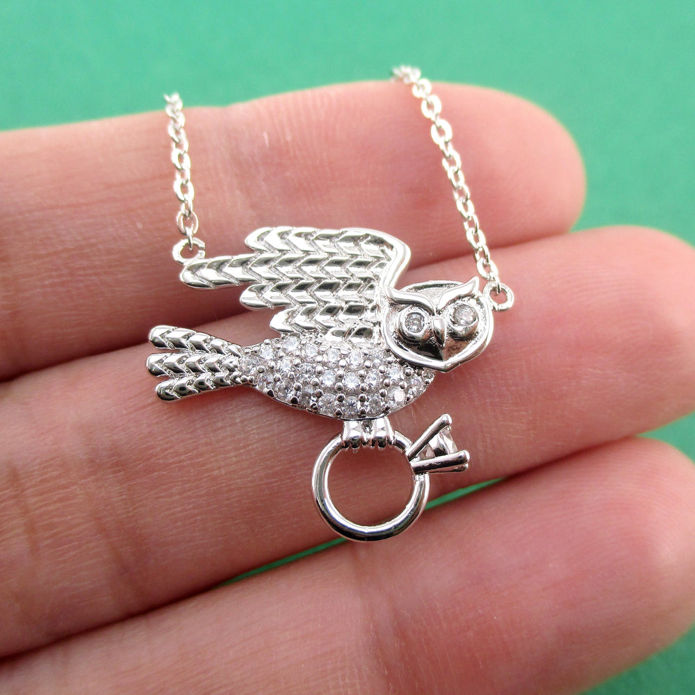 Great Horned Owl Bird Carrying a Diamond Ring Shaped Pendant Necklace
