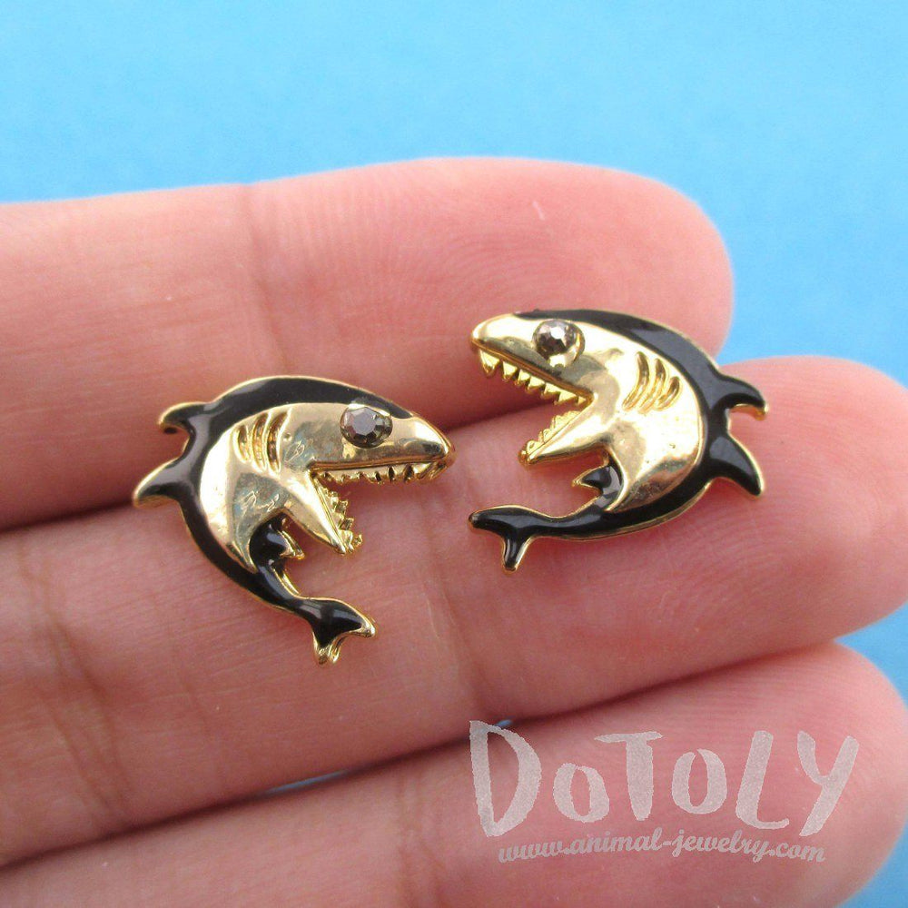Great White Shark Shaped Sea Creature Stud Earrings in Gold | DOTOLY