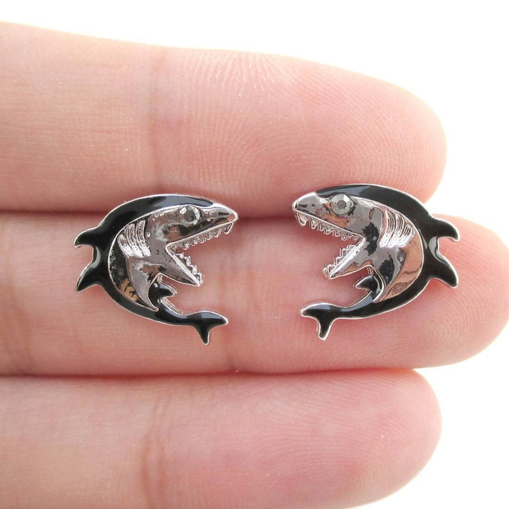Great White Shark Shaped Sea Creature Stud Earrings in Silver | Animal Jewelry | DOTOLY