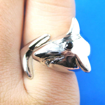 Great White Shark Wrap Around Sea Animal Ring in Shiny Silver | Size 5 to 7 | DOTOLY