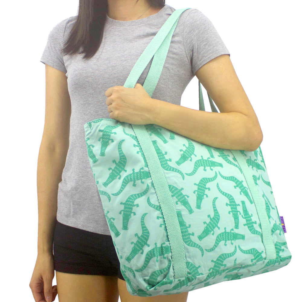 Green Crocodile Alligator Print Large Utility Market Tote Bag with Zip