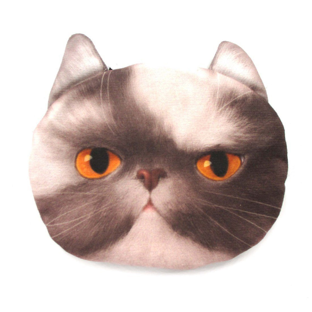 Grey and White Kitty Cat Face Shaped Coin Purse Make Up Bag with Yellow Eyes | DOTOLY