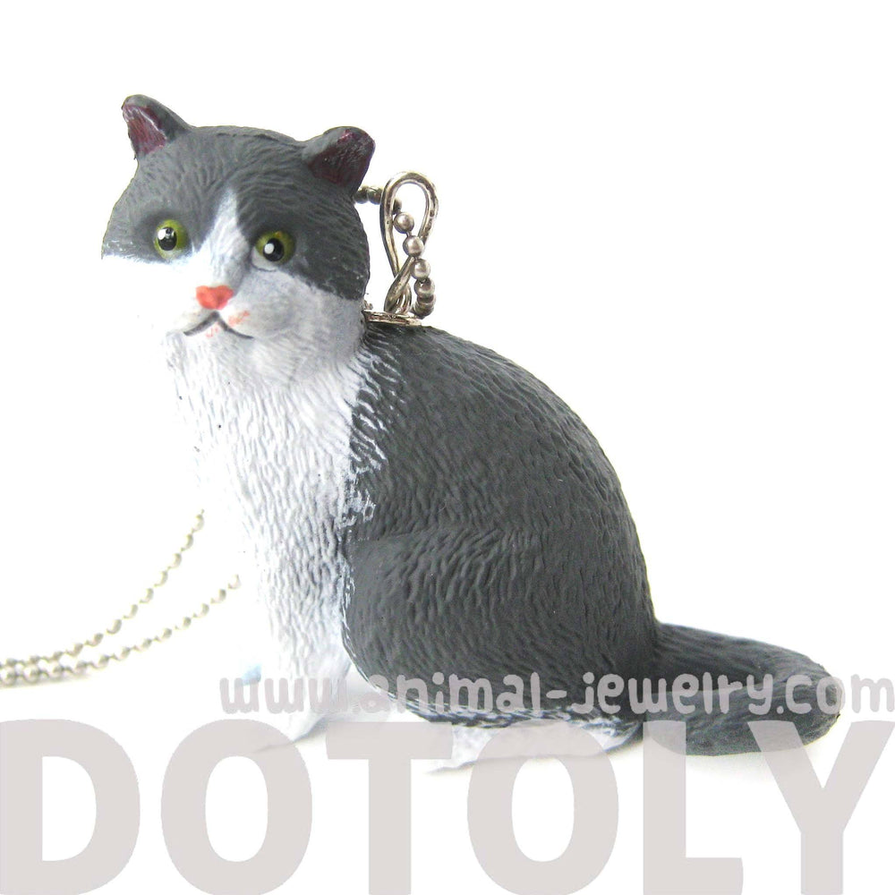 Grey and White Tabby Kitty Cat Animal Plastic Pendant Necklace | Animal Jewelry | DOTOLY