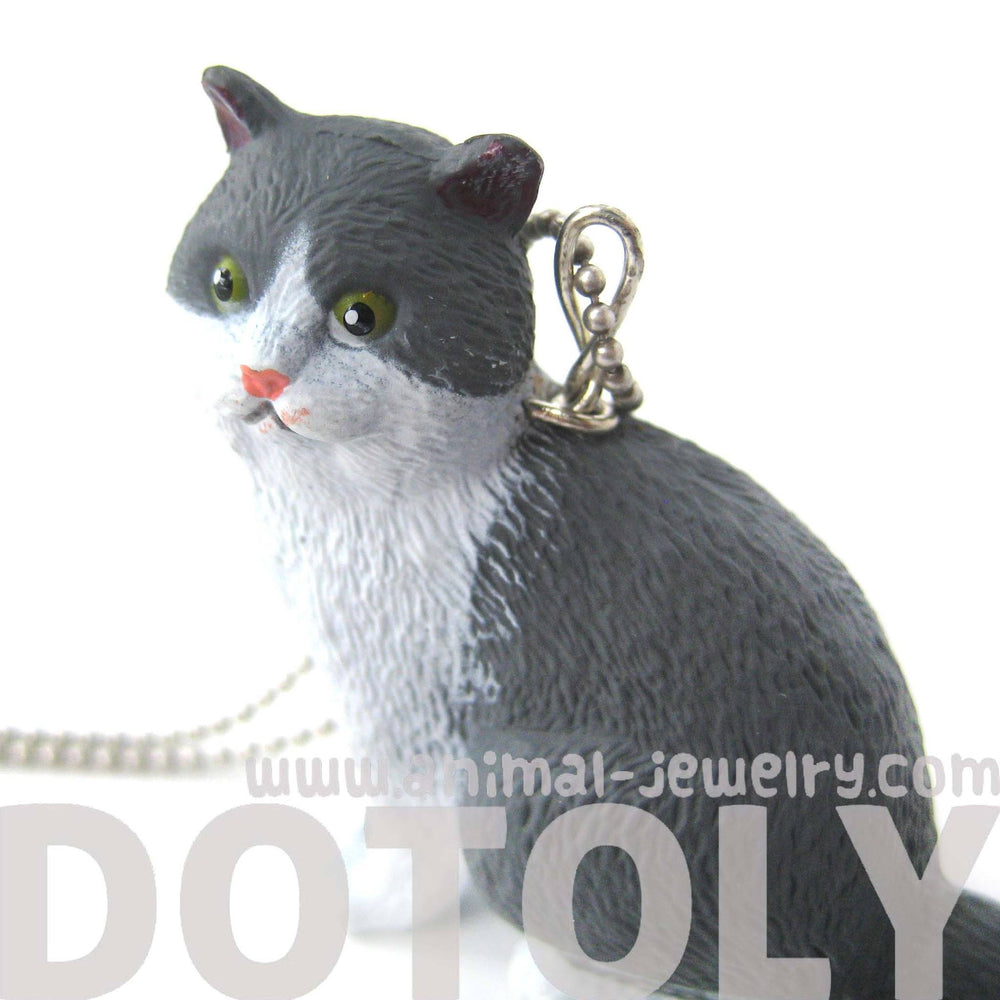 Grey and White Tabby Kitty Cat Animal Plastic Pendant Necklace | Animal Jewelry | DOTOLY