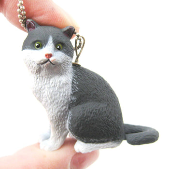 Grey and White Tabby Kitty Cat Animal Plastic Pendant Necklace | Animal Jewelry | DOTOLY