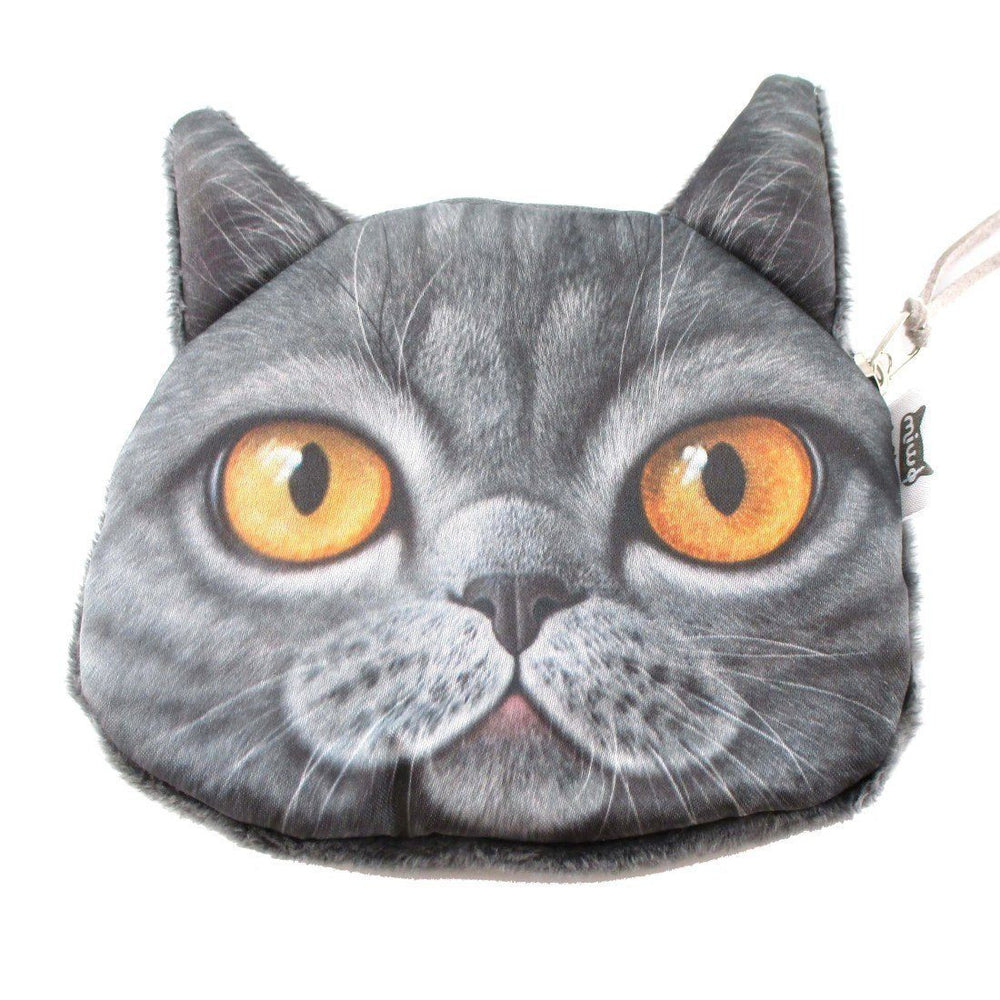 Grey British Shorthair Cat Face Shaped Coin Purse Make Up Bag | DOTOLY