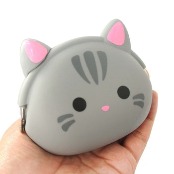 Grey Kitty Cat Face Shaped Mimi Pochi Animal Friends Silicone Clasp Coin Purse Pouch | DOTOLY