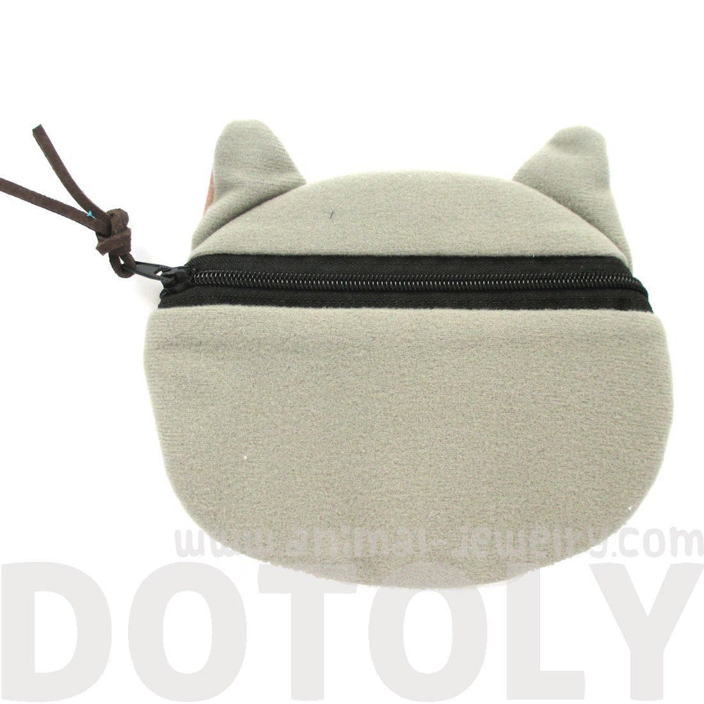 Grey and White Kitty Cat Face Shaped Coin Purse Make Up Bag with Yellow Eyes | DOTOLY