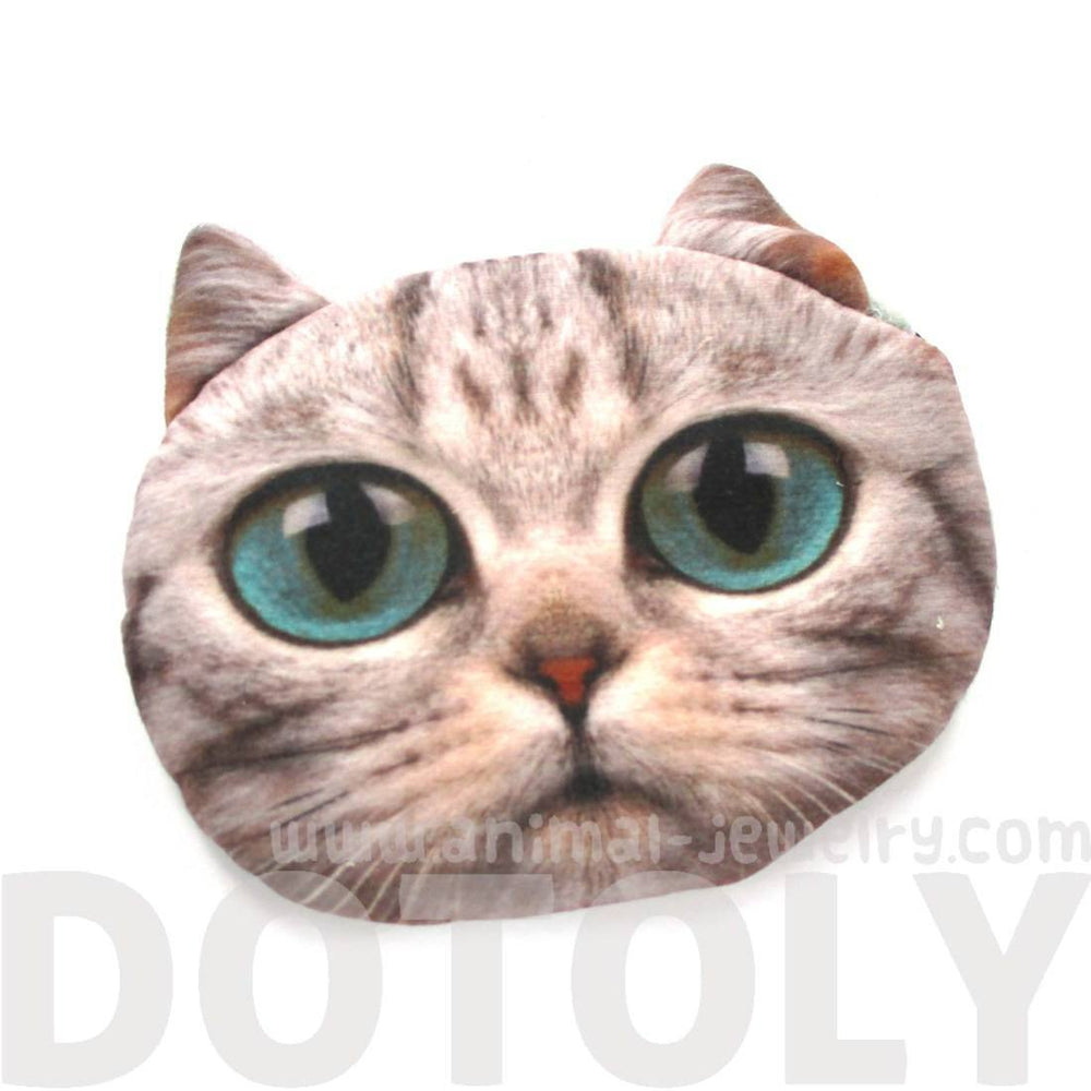 Grey Kitty Cat Face Shaped Soft Fabric Zipper Coin Purse Make Up Bag with Turquoise Blue Eyes | DOTOLY