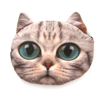 Grey Kitty Cat Face Shaped Soft Fabric Zipper Coin Purse Make Up Bag with Turquoise Blue Eyes | DOTOLY