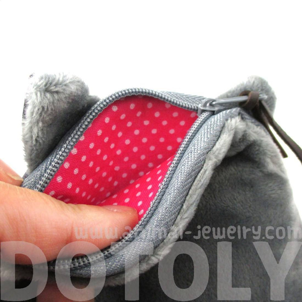 Grey Kitty Cat Face with Huge Eyes Shaped Soft Fabric Zipper Coin Purse Make Up Bag | DOTOLY