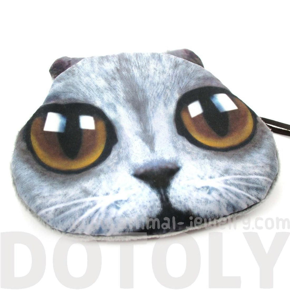 Grey Kitty Cat Face with Huge Eyes Shaped Soft Fabric Zipper Coin Purse Make Up Bag | DOTOLY