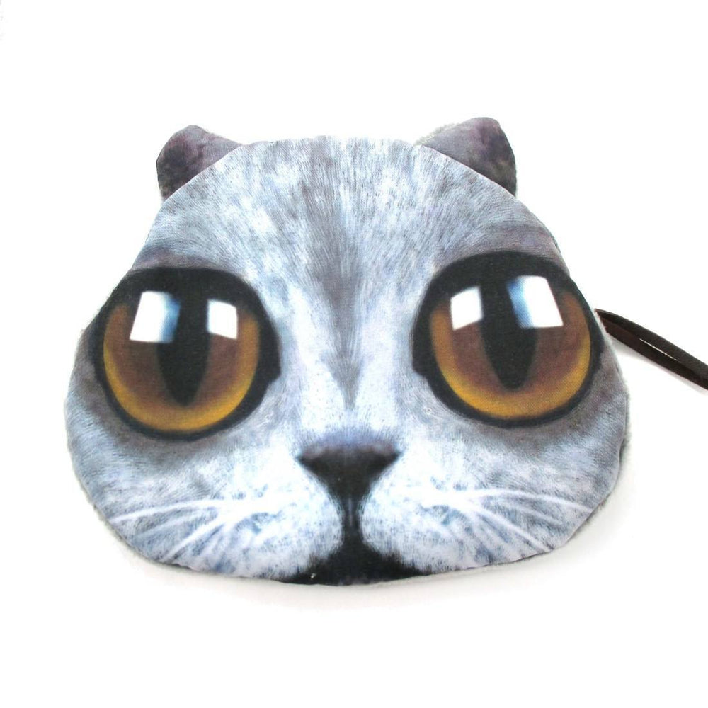 Grey Kitty Cat Face with Huge Eyes Shaped Soft Fabric Zipper Coin Purse Make Up Bag | DOTOLY