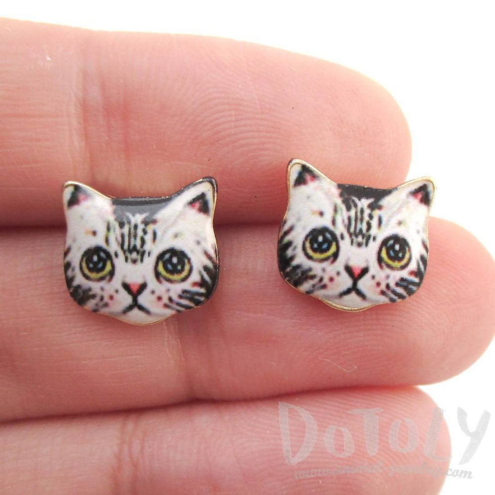 Grey Kitty Cat Hand Drawn Face Shaped Stud Earrings | Animal Jewelry | DOTOLY