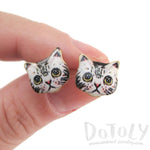 Grey Kitty Cat Hand Drawn Face Shaped Stud Earrings | Animal Jewelry | DOTOLY