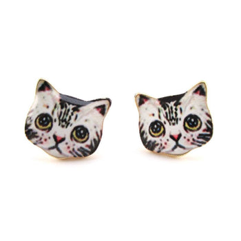 Grey Kitty Cat Hand Drawn Face Shaped Stud Earrings | Animal Jewelry | DOTOLY