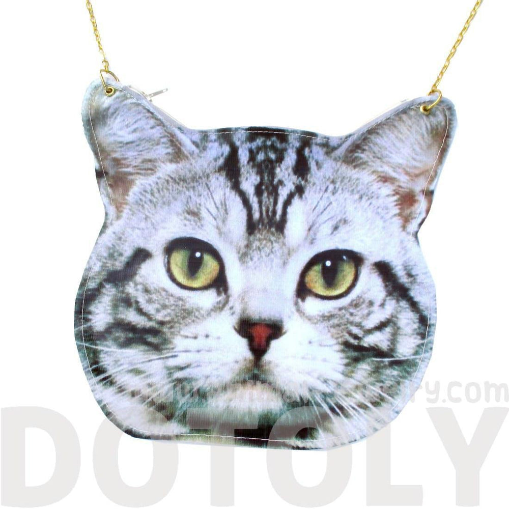 Grey Striped Tabby Kitty Cat Head Shaped Vinyl Animal Themed Cross Shoulder Bag | DOTOLY | DOTOLY