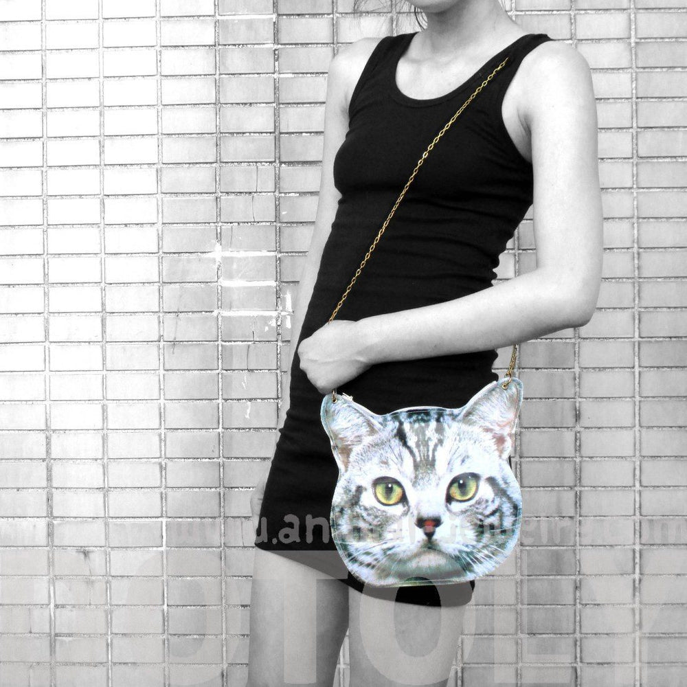 Grey Striped Tabby Kitty Cat Head Shaped Vinyl Animal Themed Cross Shoulder Bag | DOTOLY | DOTOLY