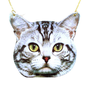 Grey Striped Tabby Kitty Cat Head Shaped Vinyl Animal Themed Cross Shoulder Bag | DOTOLY | DOTOLY