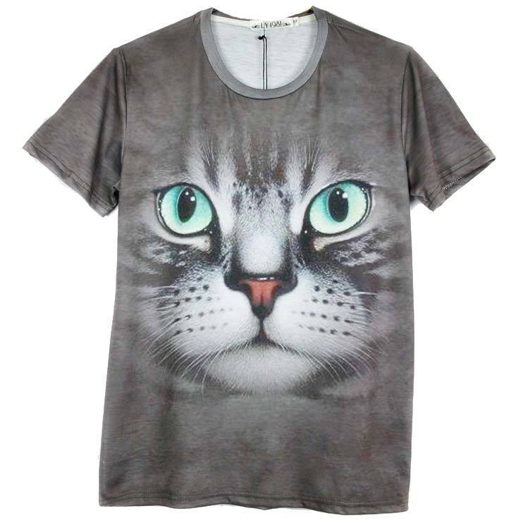 – Print Tabby T-Shirt DOTOLY Cat Graphic Kitty Face Grey Tee