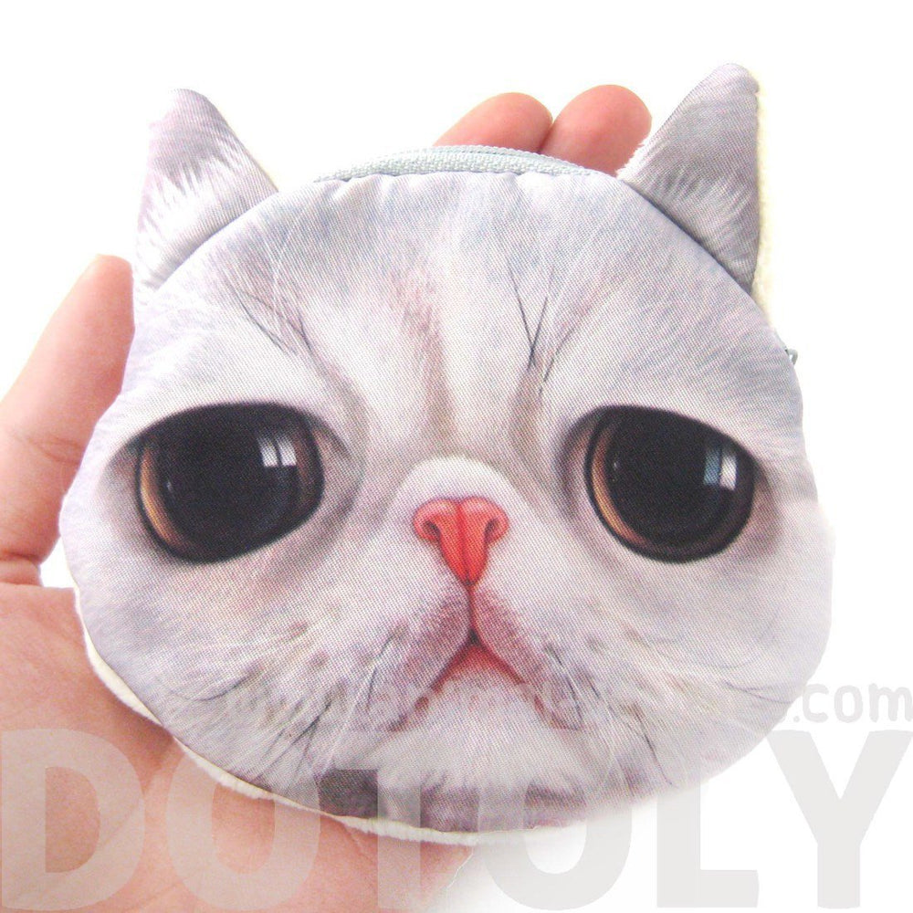 Grey Tabby Kitty Cat Face Shaped Soft Fabric Zipper Coin Purse Make Up Bag | DOTOLY