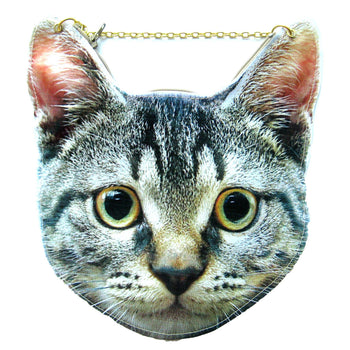 Grey Tabby Kitty Cat Head Shaped Vinyl Animal Themed Cross Shoulder Bag | DOTOLY | DOTOLY