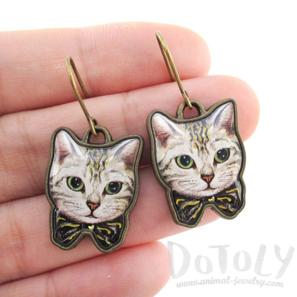 Grey Tabby Kitty Cat With a Bow Shaped Illustrated Charm Dangle Earrings | DOTOLY | DOTOLY