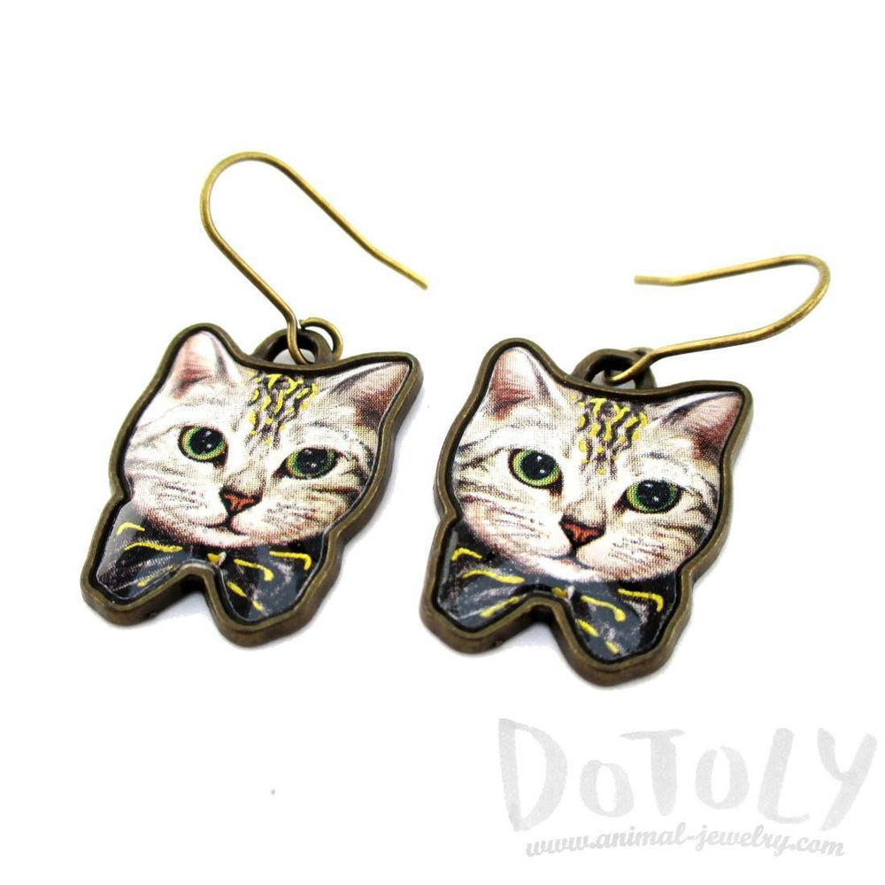 Grey Tabby Kitty Cat With a Bow Shaped Illustrated Charm Dangle Earrings | DOTOLY | DOTOLY
