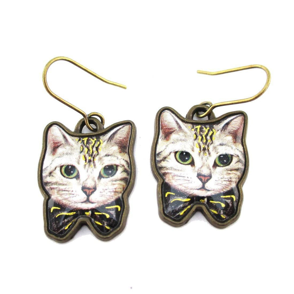 Grey Tabby Kitty Cat With a Bow Shaped Illustrated Charm Dangle Earrings | DOTOLY | DOTOLY