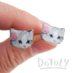 Grey Tabby with Rose Shaped Cat Lovers Stud Earrings | Animal Jewelry