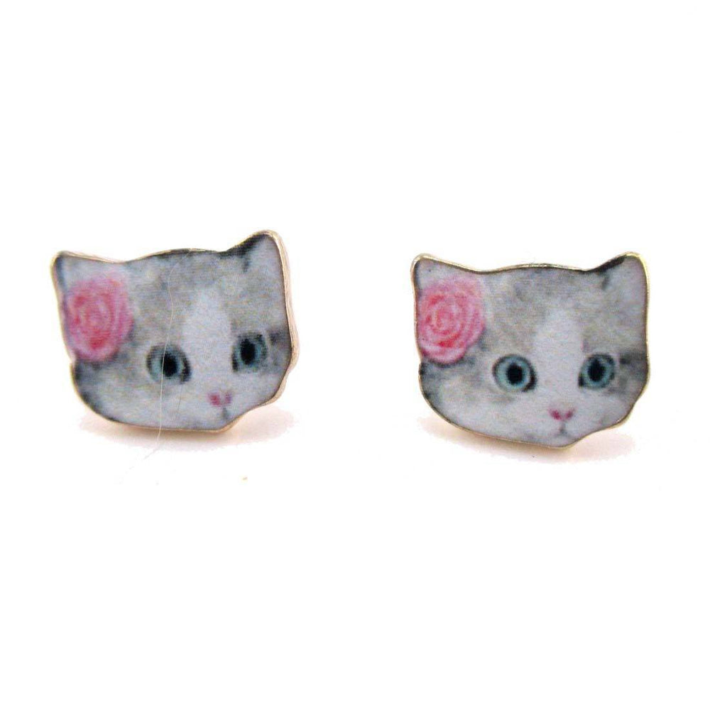 Grey Tabby with Rose Shaped Cat Lovers Stud Earrings | Animal Jewelry