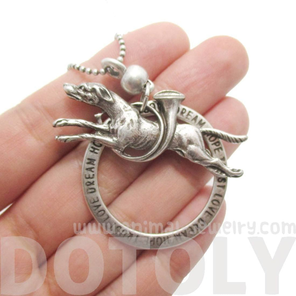 Greyhound Jumping Through A Hoop Shaped Animal Pendant Necklace in Silver | Jewelry for Dog Lovers | DOTOLY