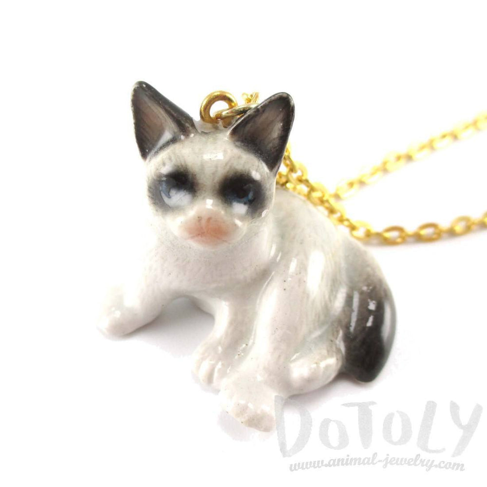 Grumpy Cat Siamese Kitty Porcelain Hand Painted Ceramic Animal Pendant Necklace | Handmade | DOTOLY