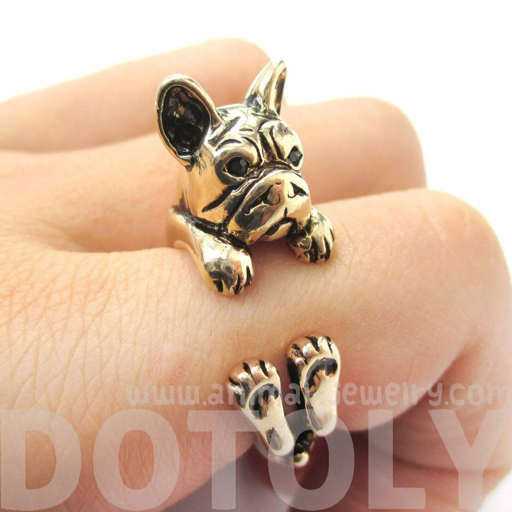 Grumpy French Bulldog Dog Shaped Animal Wrap Around Ring in Shiny Gold | US Sizes 4 to 8.5 | DOTOLY