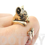 Grumpy French Bulldog Dog Shaped Animal Wrap Around Ring in Shiny Gold | US Sizes 4 to 8.5 | DOTOLY