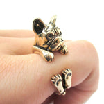 Grumpy French Bulldog Dog Shaped Animal Wrap Around Ring in Shiny Gold | US Sizes 4 to 8.5 | DOTOLY