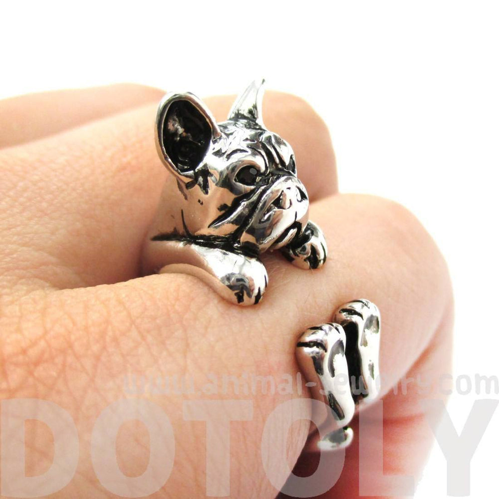 Grumpy French Bulldog Dog Shaped Animal Wrap Around Ring in Shiny Silver | US Sizes 4 to 8.5 | DOTOLY