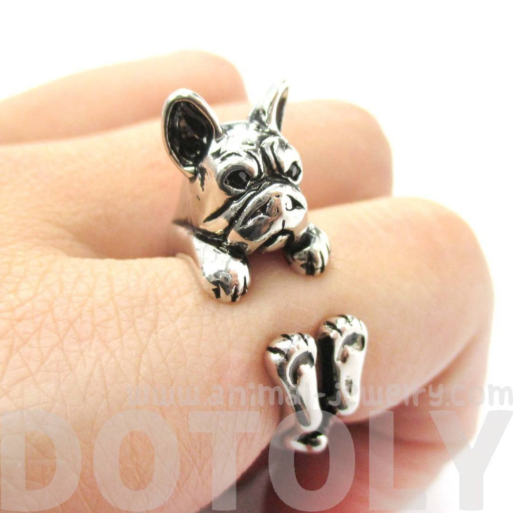 Grumpy French Bulldog Dog Shaped Animal Wrap Around Ring in Shiny Silver | US Sizes 4 to 8.5 | DOTOLY