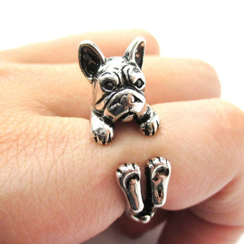 Grumpy French Bulldog Dog Shaped Animal Wrap Around Ring in Shiny Silver | US Sizes 4 to 8.5 | DOTOLY