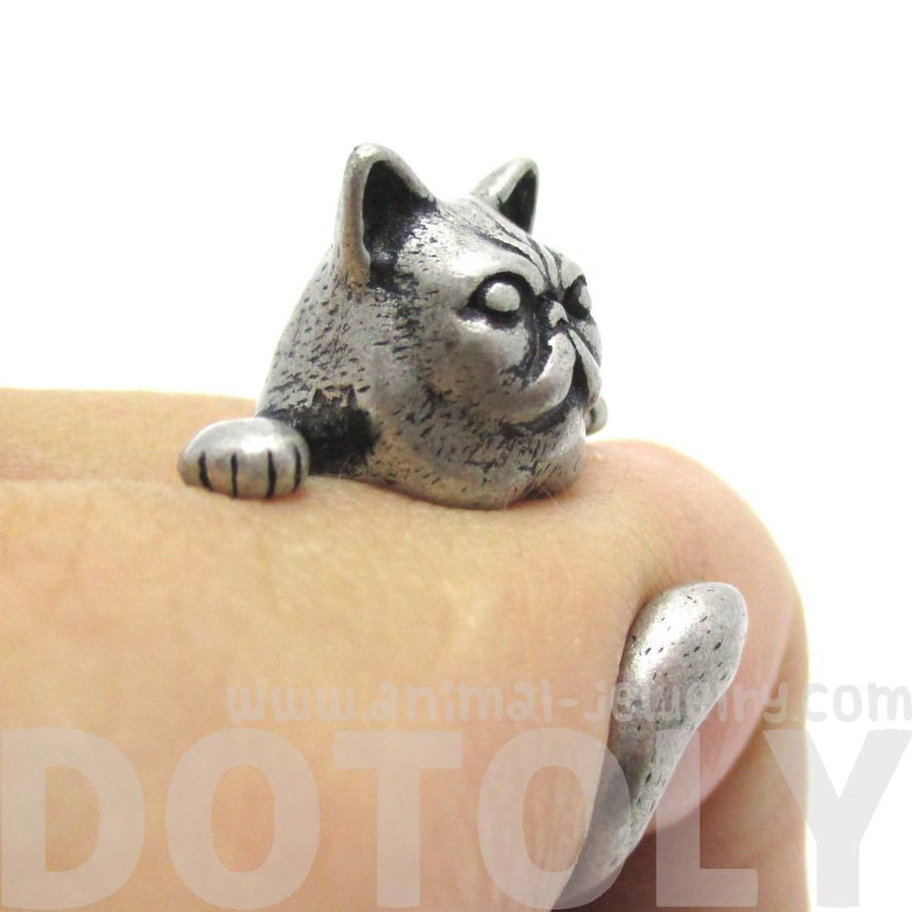Grumpy Kitty Cat With A Mustache Shaped Animal Ring in Silver | US Size 3 to 8 | DOTOLY
