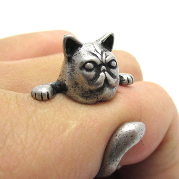 Grumpy Kitty Cat With A Mustache Shaped Animal Ring in Silver | US Size 3 to 8 | DOTOLY