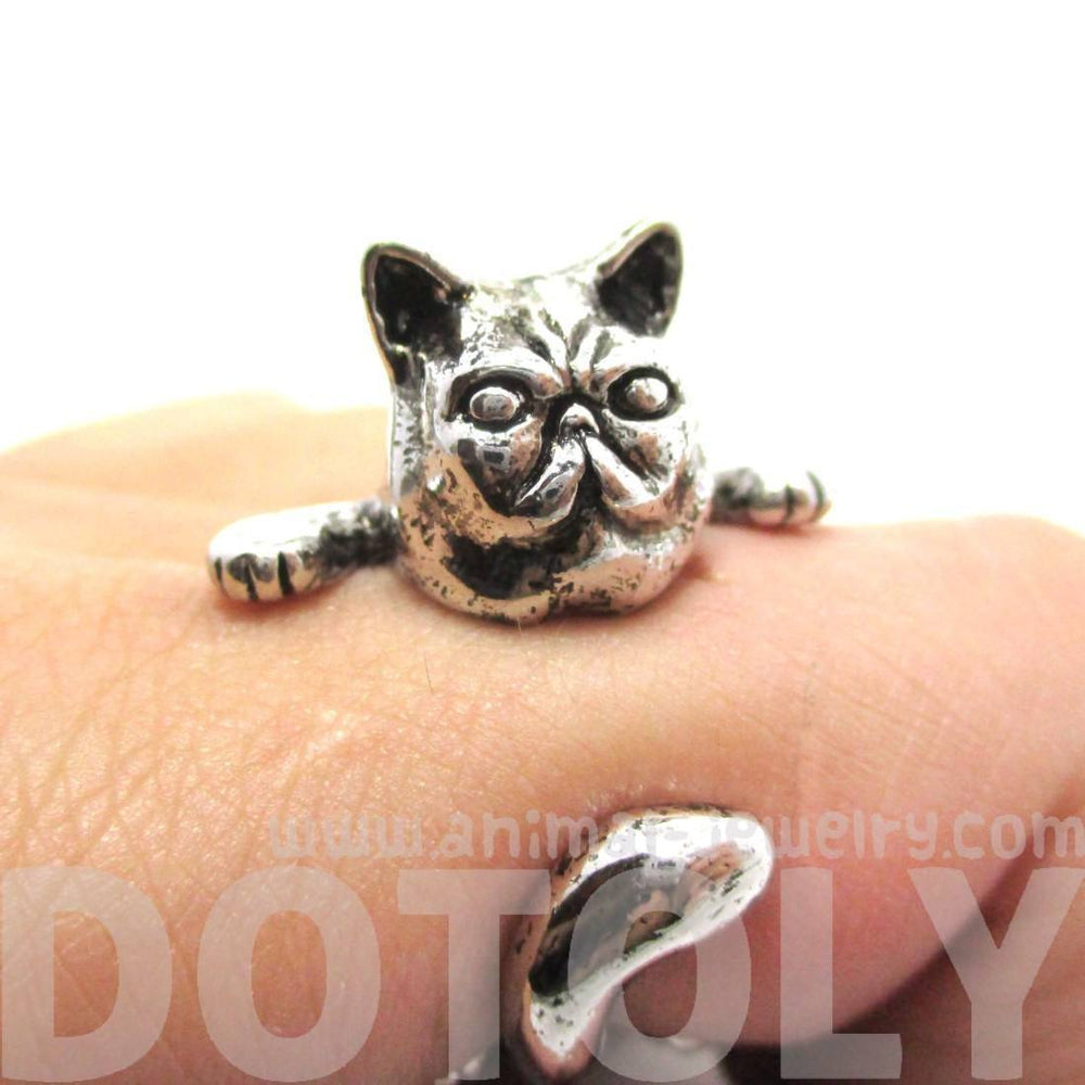 Grumpy Mustache Kitty Cat Shaped Animal Ring in Shiny Silver | US Size 3 to 8 | DOTOLY