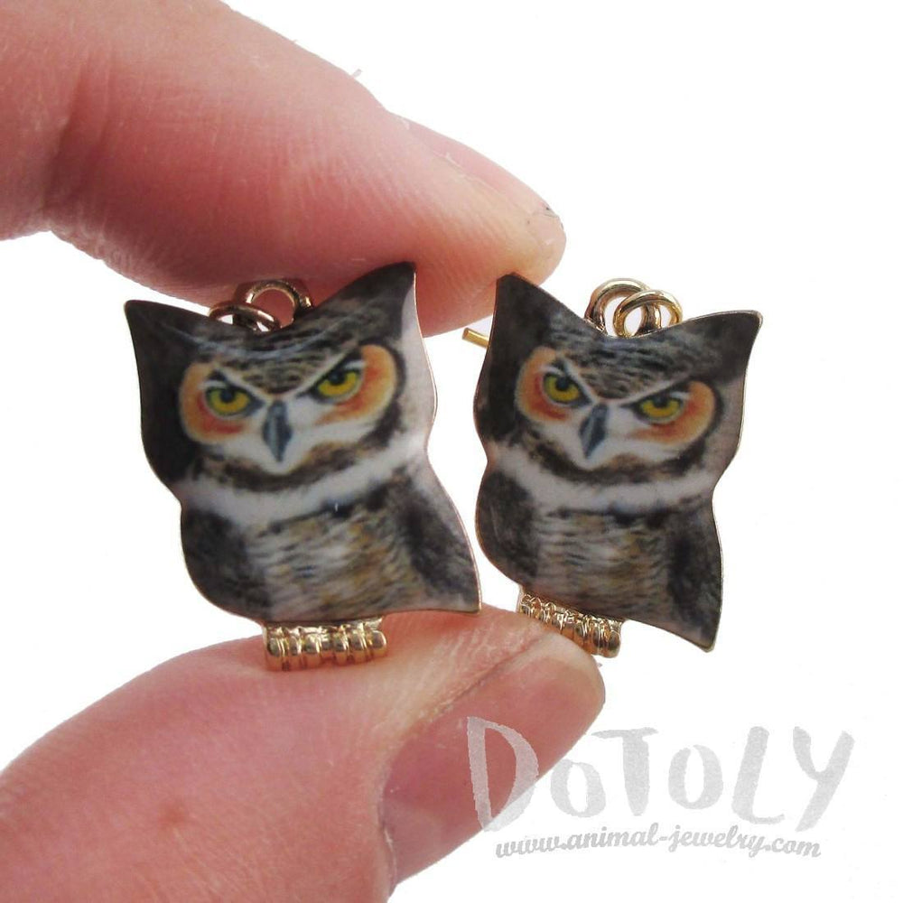 Grumpy Screech oOwl Shaped Enamel Dangle Earrings | Animal Jewelry