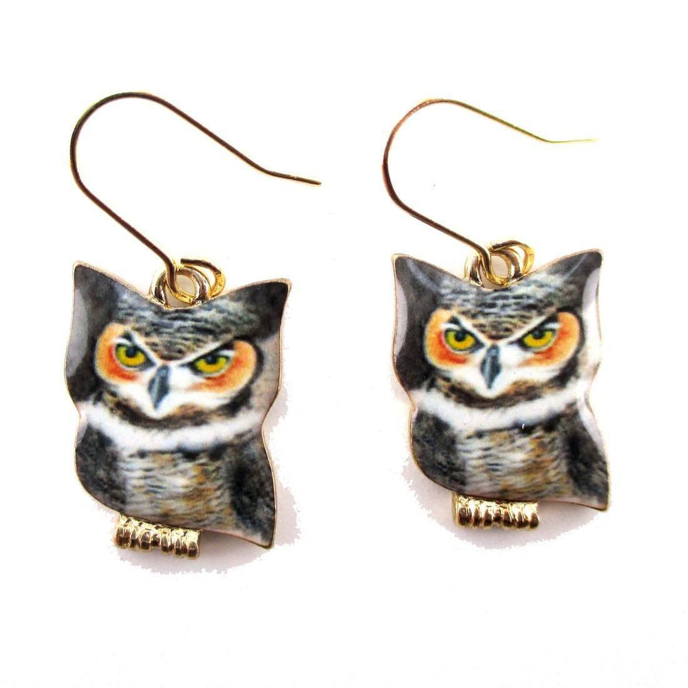 Grumpy Screech oOwl Shaped Enamel Dangle Earrings | Animal Jewelry