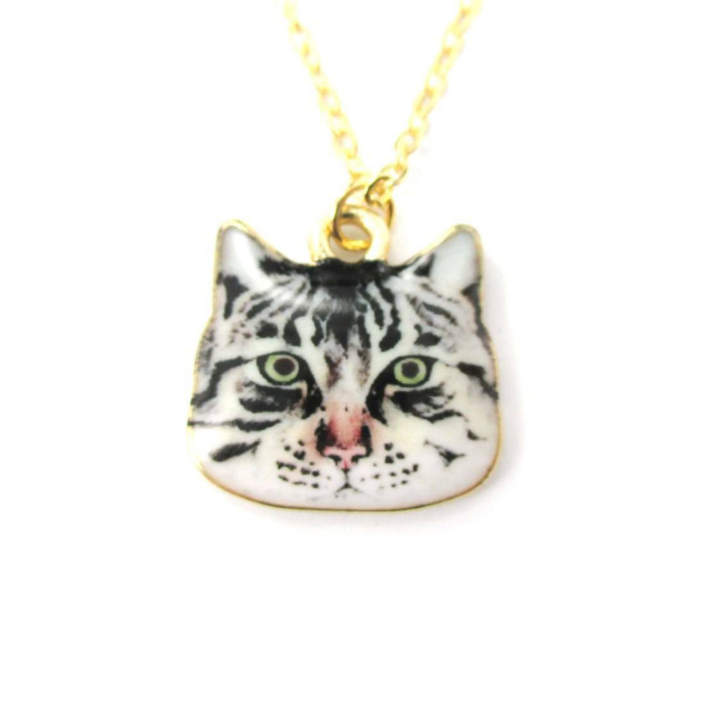 Grumpy Tabby Kitty Cat Face Shaped Charm Necklace | Animal Jewelry | DOTOLY