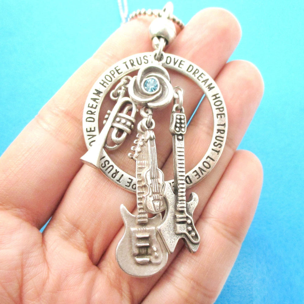 Guitar Violin Trumpet Musical Instrument Themed Charm Necklace in Silver | DOTOLY