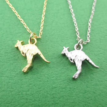 Hammered Kangaroo Silhouette Shaped Animal Pendant Necklace in Silver or Gold