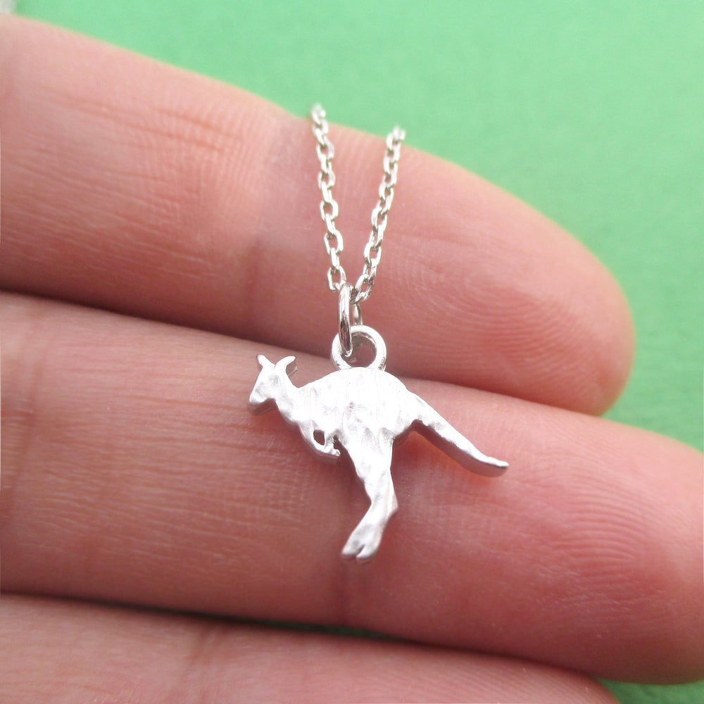 Hammered Kangaroo Silhouette Shaped Animal Pendant Necklace in Silver or Gold