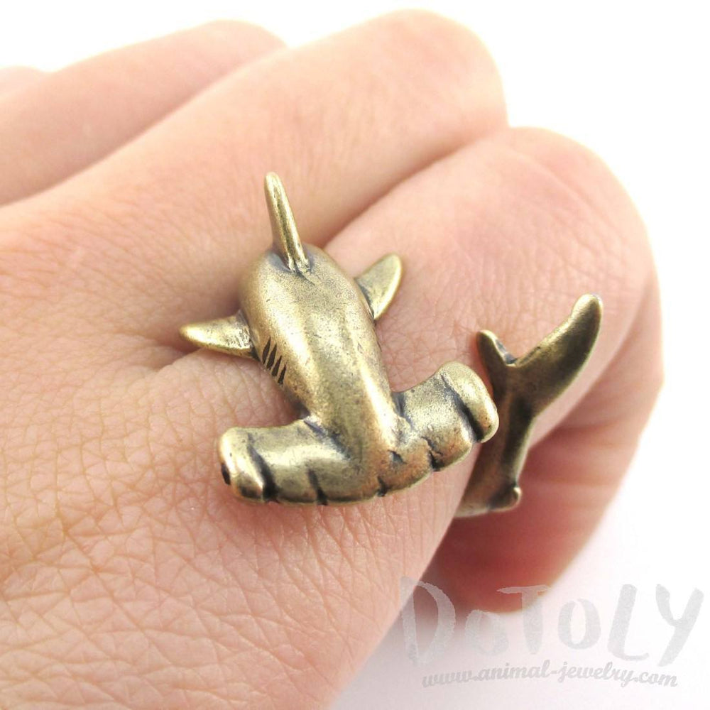 Hammerhead Shark Sea Creatures Shaped Wrap Around Ring in Brass | Size 5 to 9 | DOTOLY