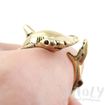 Hammerhead Shark Sea Creatures Shaped Wrap Around Ring in Shiny Gold | Size 5 to 9 | DOTOLY